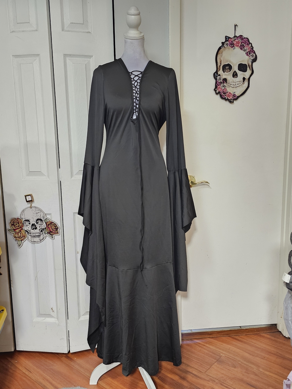 Dolls Kill Black Lace-Up Gothic Maxi Dress with Draped Bell Sleeves